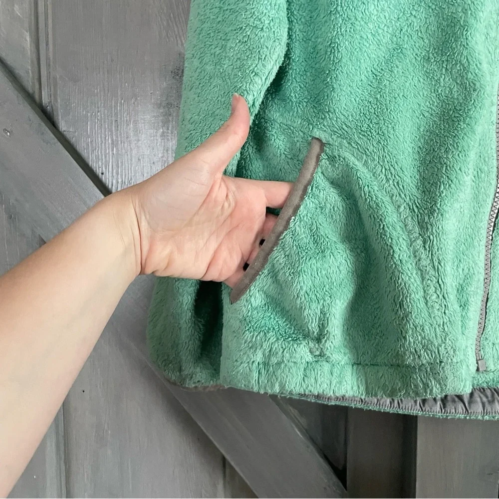 The north face aqua mint gray fuzzy jacket zip up hood‎ size Large 14/16